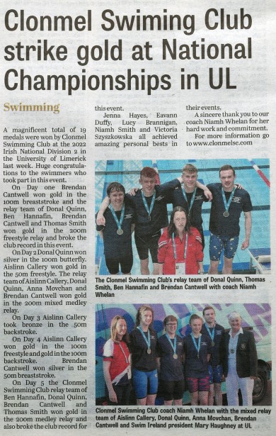 Clonmel Swimming Club strike gold at National Championship in UL 2022